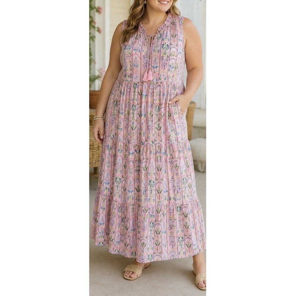 Crown & Ivy Pink Floral Tiered Maxi Dress 2X Tassel Tie Boho Cottagecore